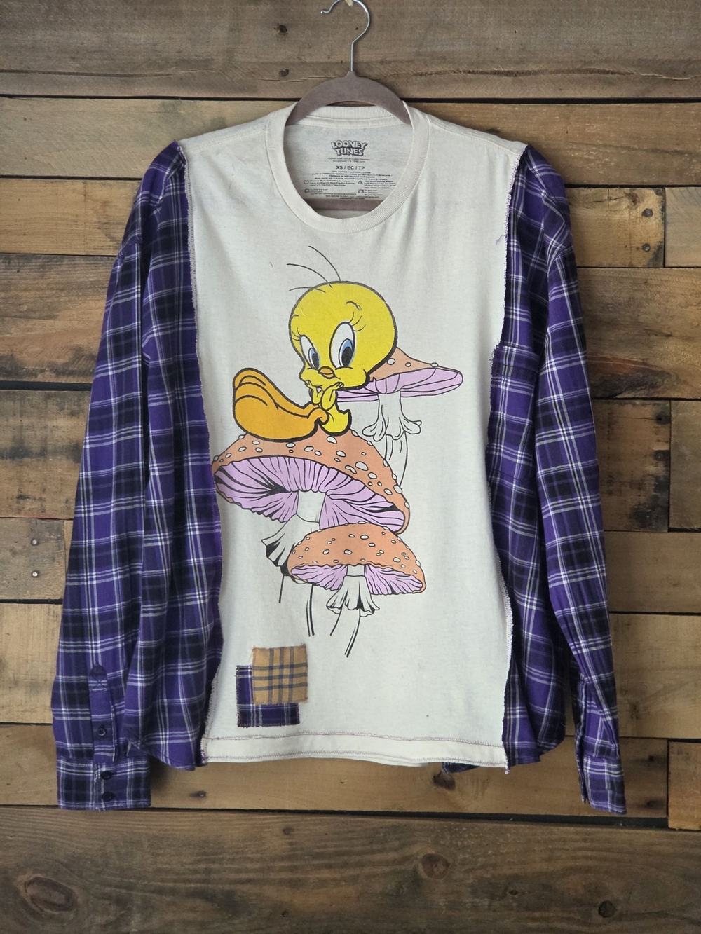 Upcycled Warner Bros. Tweety White Graphic Tee with Purple Plaid Sleeves